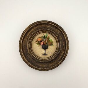 Eclectic Boho Folk Art Wall Hanging – Rustic Round Floral Mixed Media - Signed
